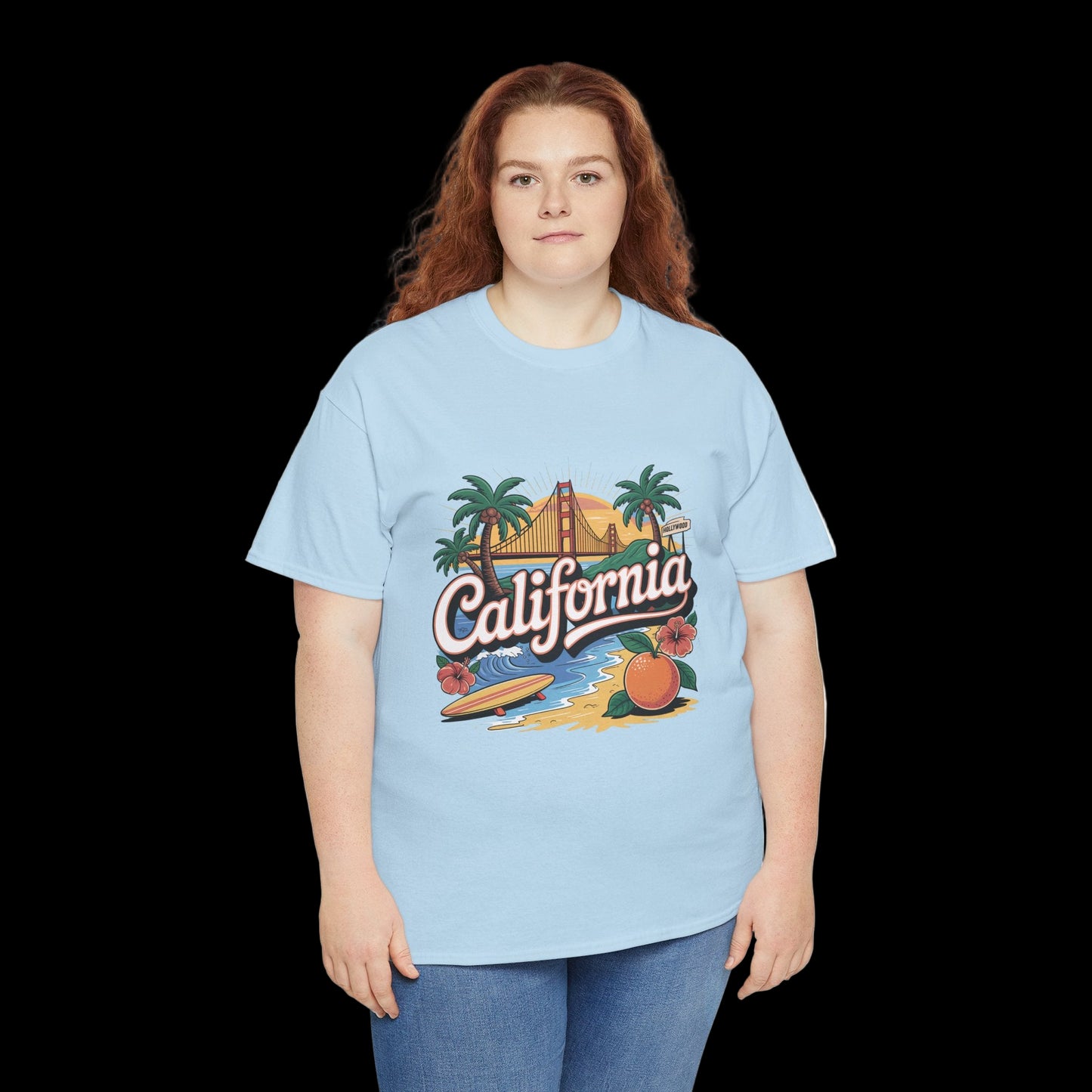 Person wearing a light blue t-shirt with 'California' graphic design on a white background