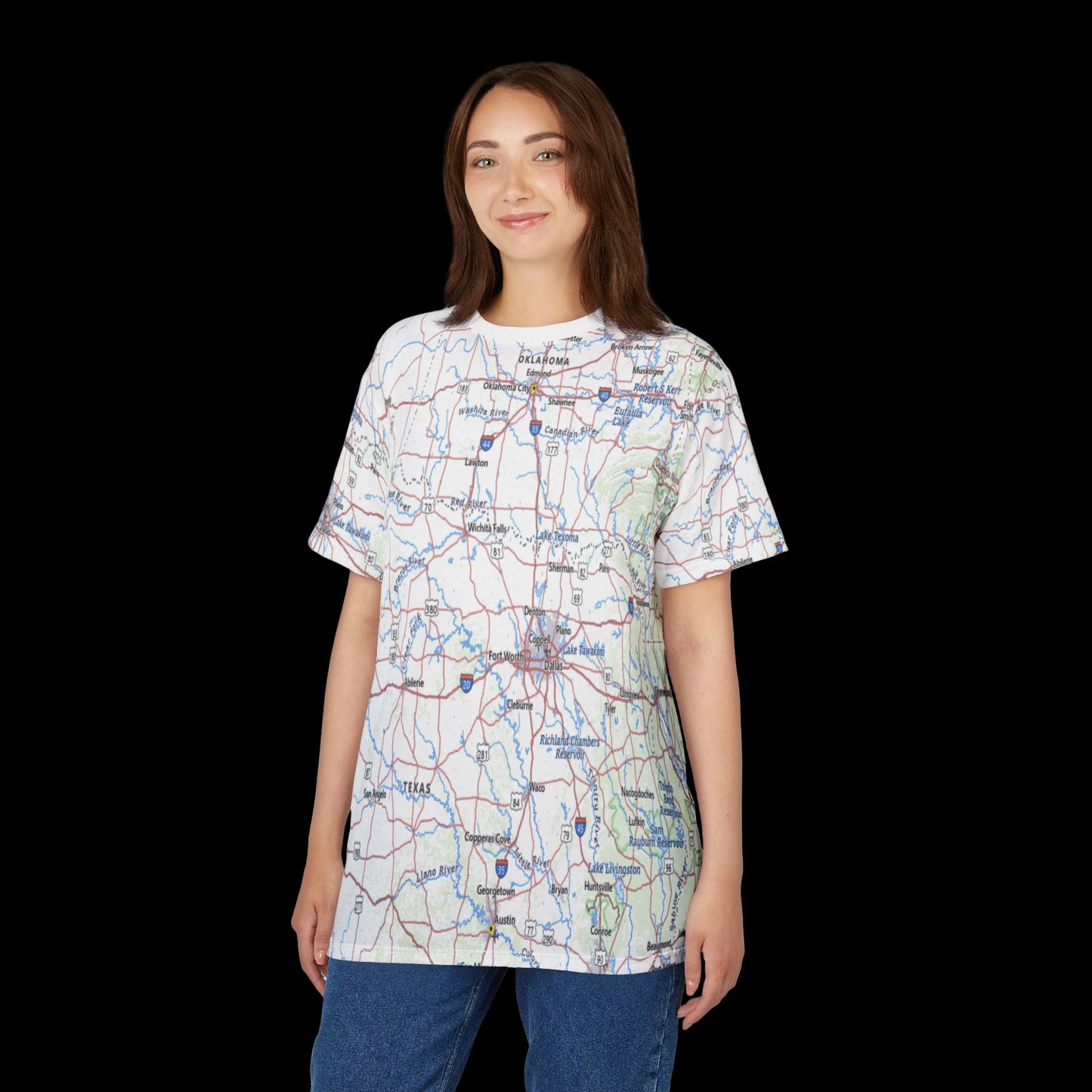 Woman wearing a map-themed t-shirt on a white background