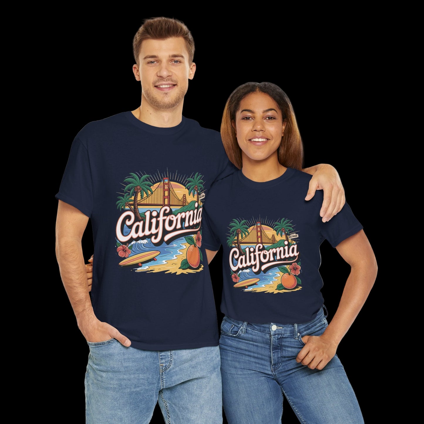 Two people wearing navy blue t-shirts with 'California' design on a white background