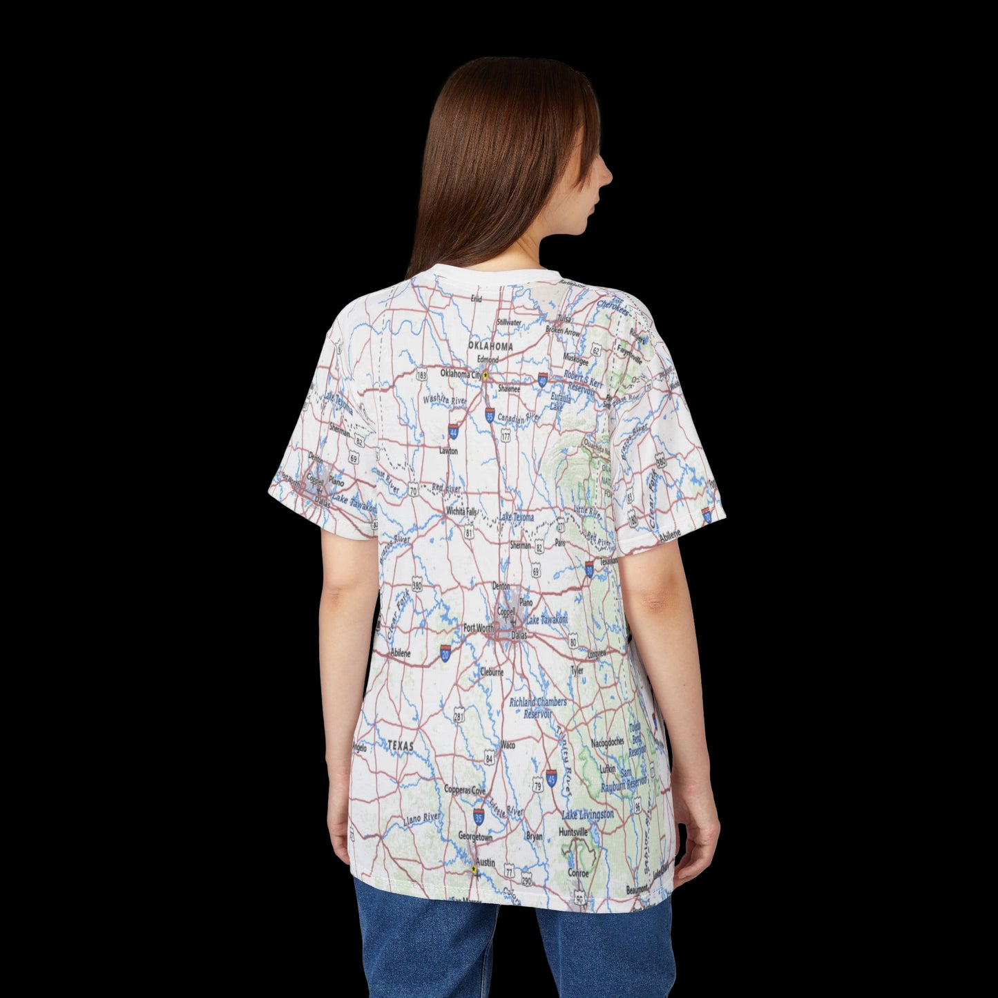 Woman wearing a map-patterned shirt on a white background