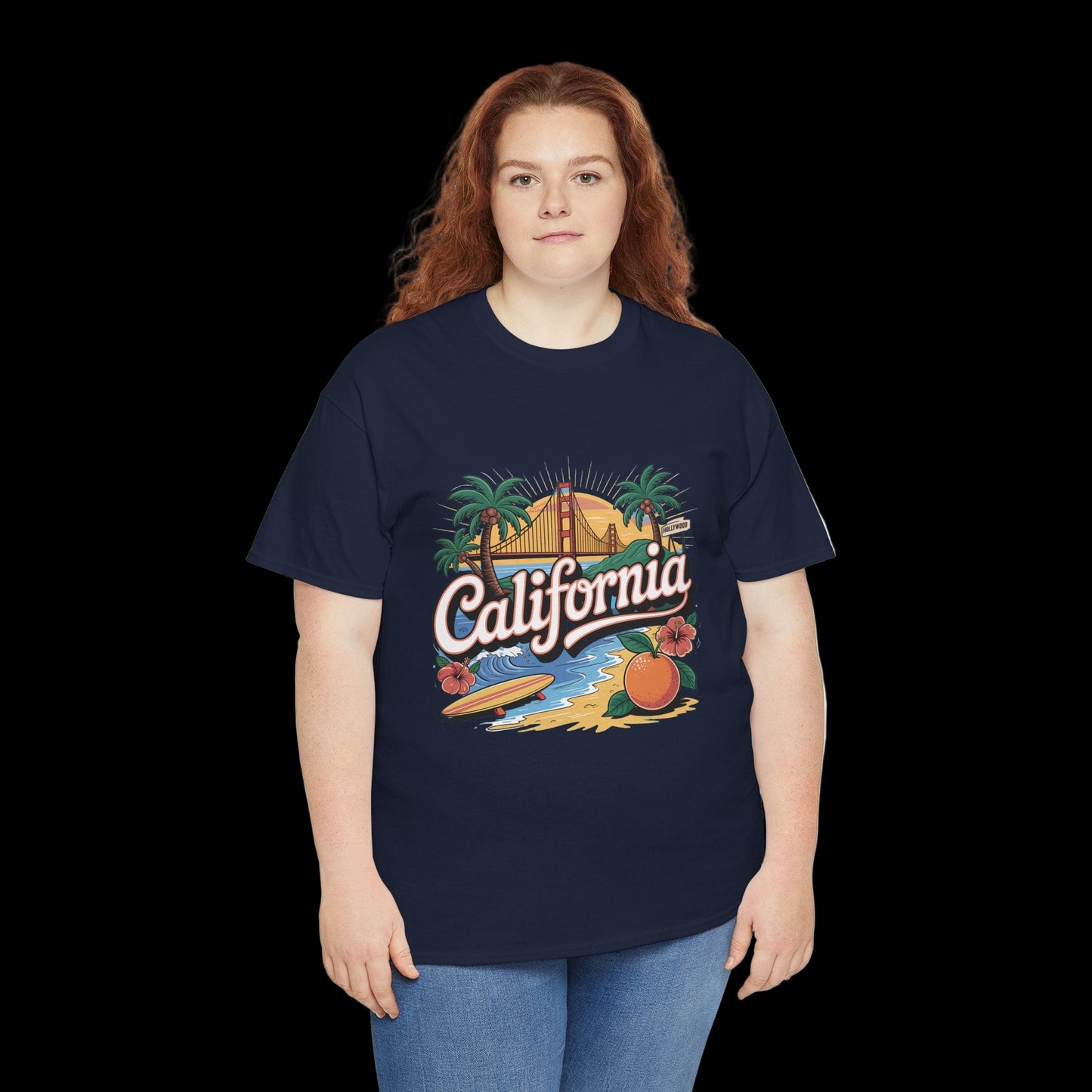 Person wearing a navy blue t-shirt with 'California' graphic design on a white background