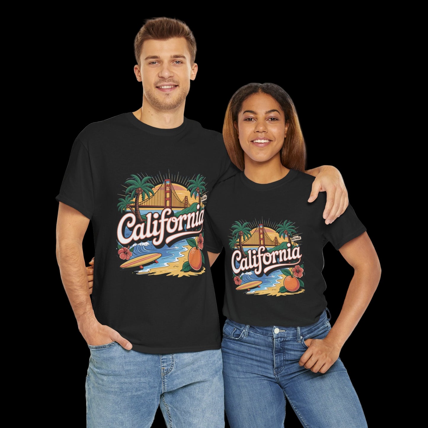 Two people wearing black t-shirts with 'California' design on a white background