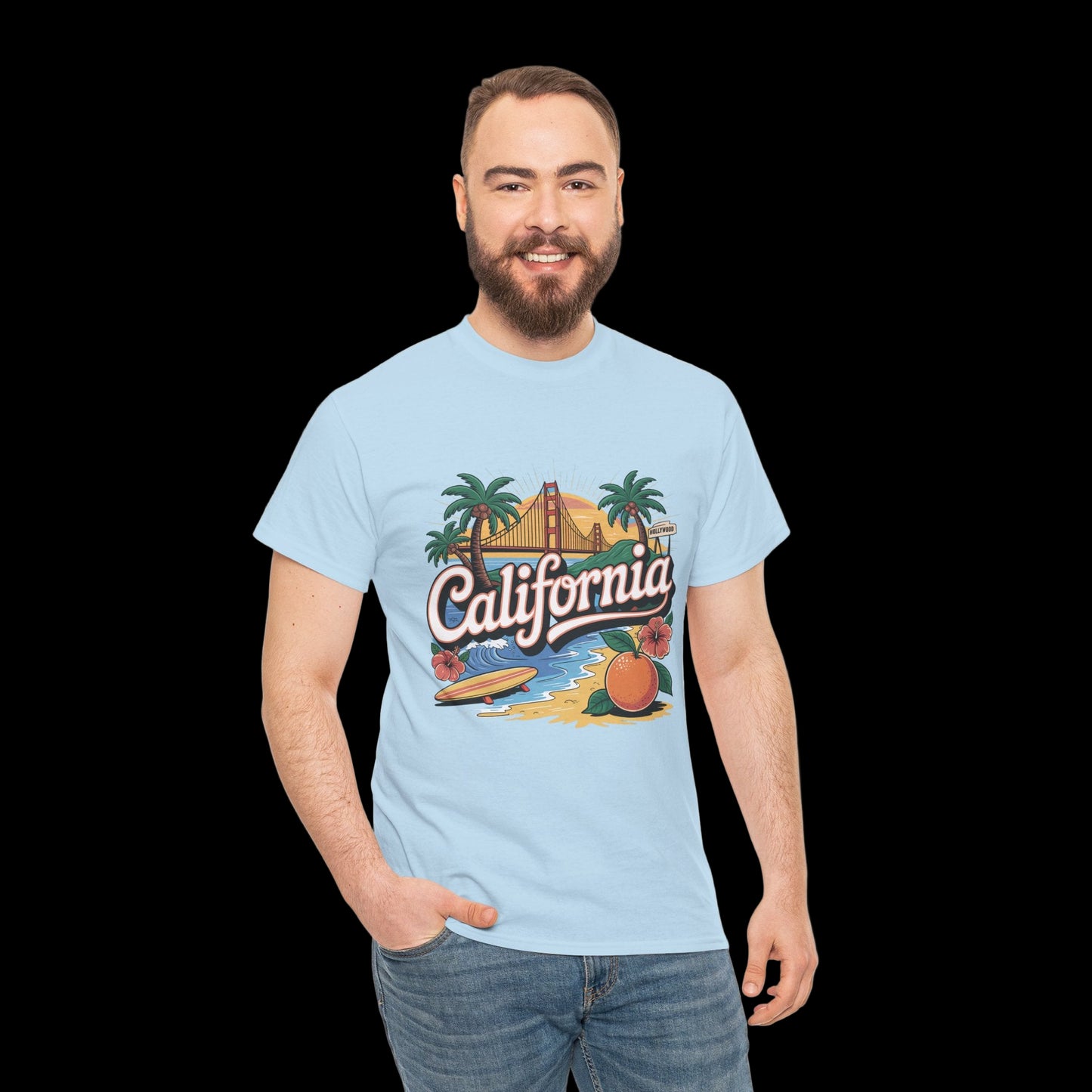 Man wearing a light blue t-shirt with a California graphic design on a white background