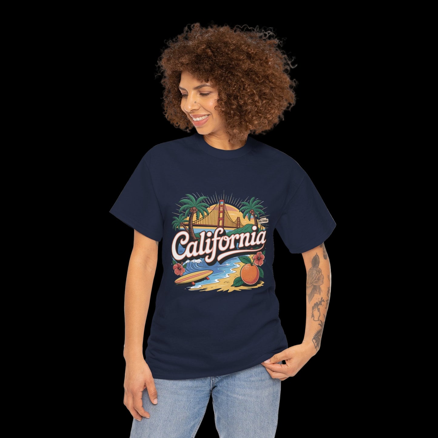 Woman wearing a navy blue t-shirt with 'California' graphic design on a white background