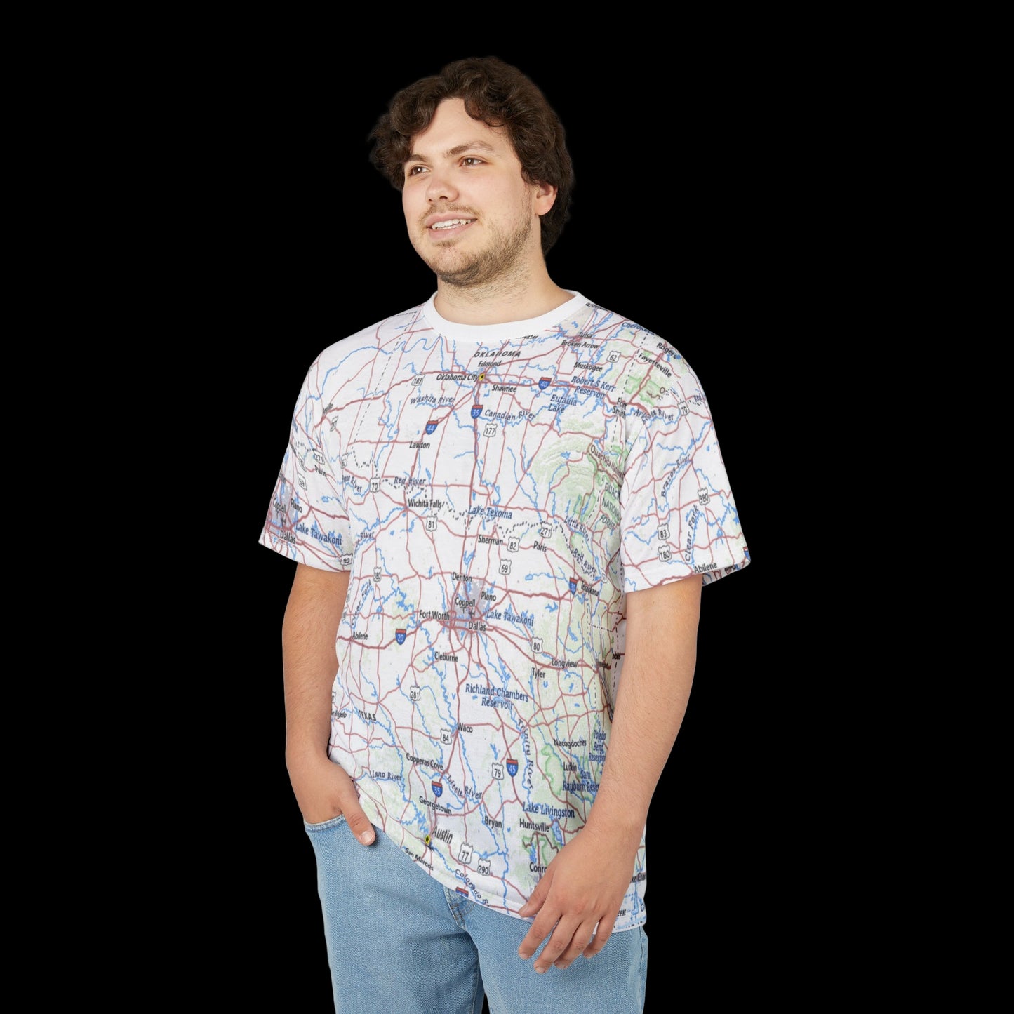 Person wearing a map-patterned t-shirt on a white background