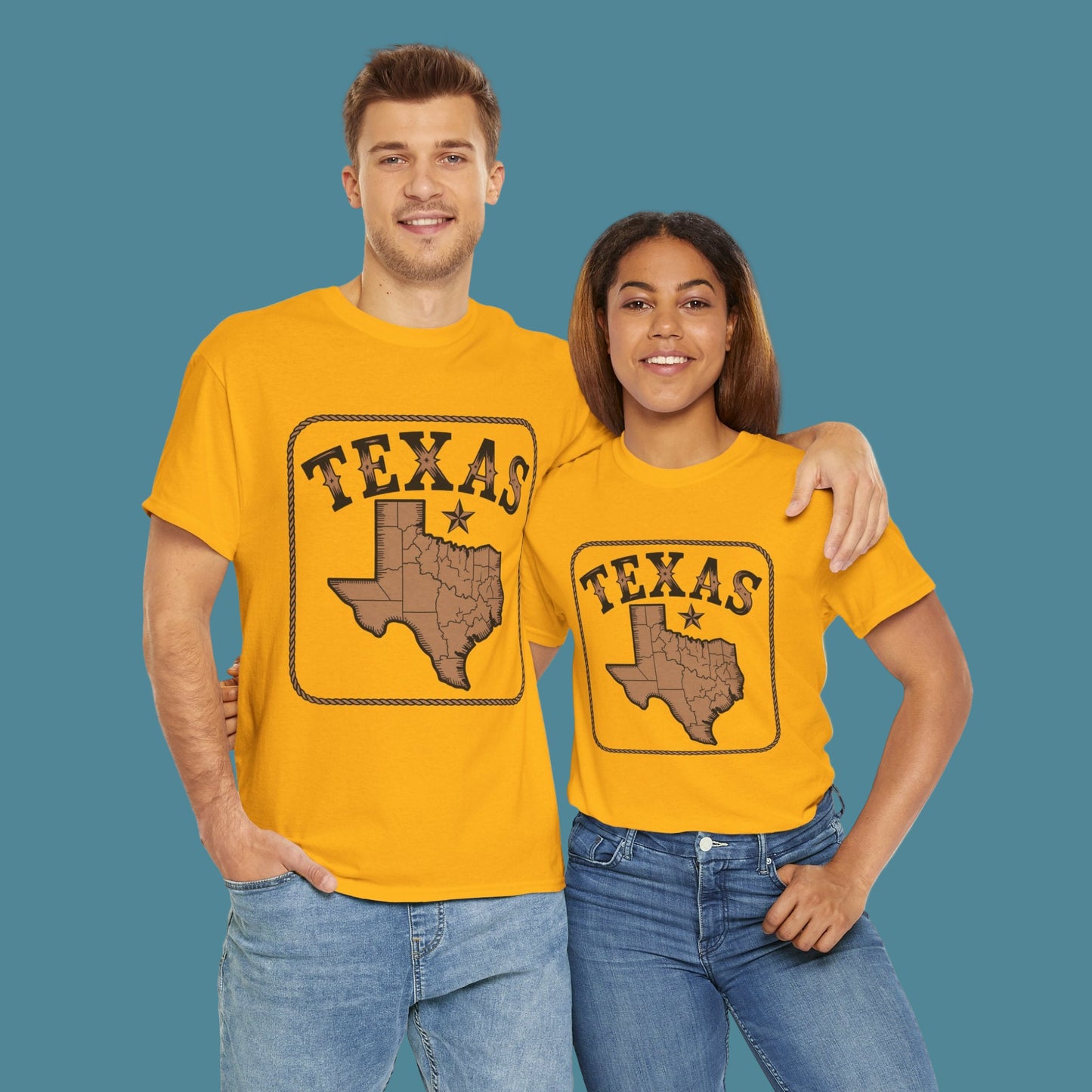 Two people wearing yellow t-shirts with 'Texas' design on a white background