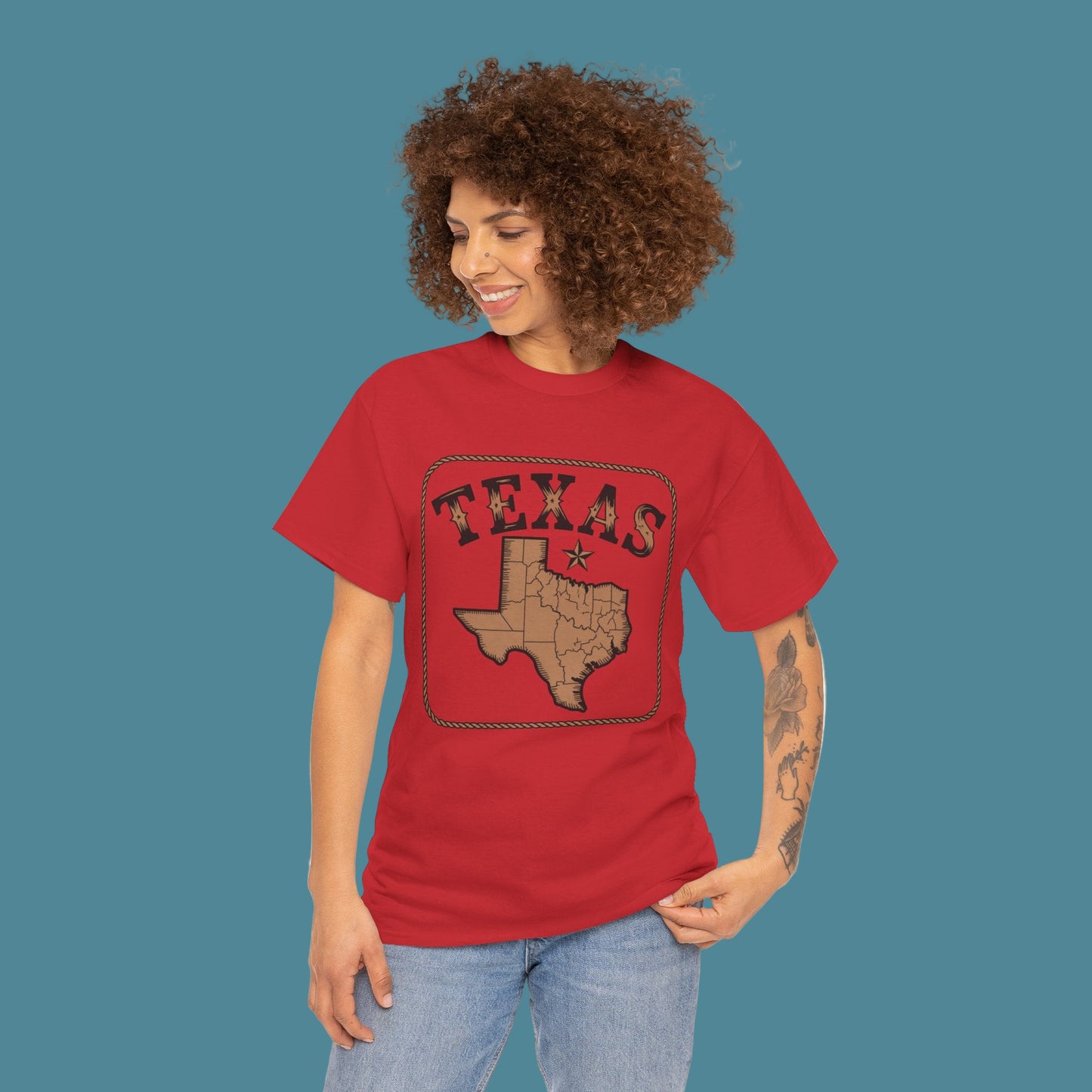 Woman wearing a red 'Texas' t-shirt with a map design on a white background