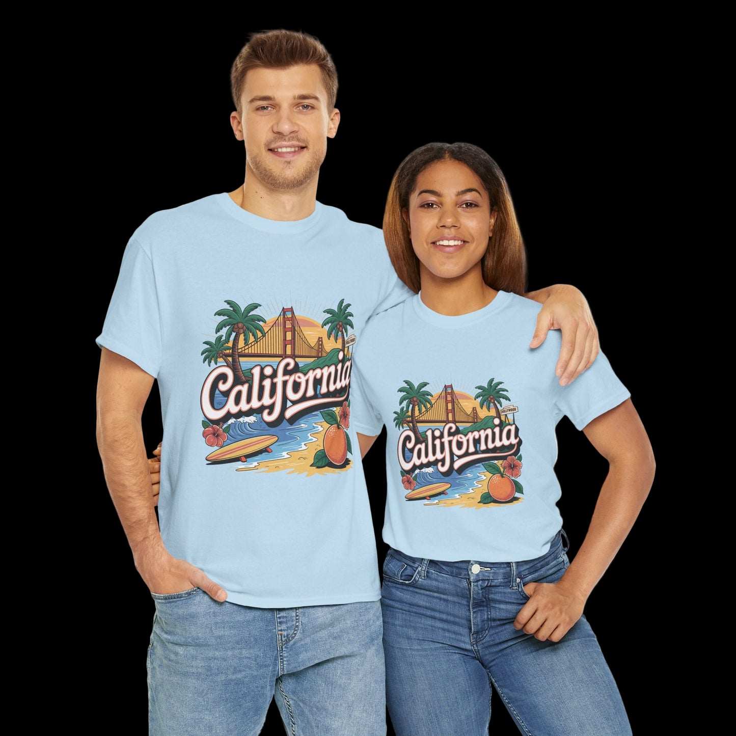 Two people wearing light blue t-shirts with 'California' design on a white background