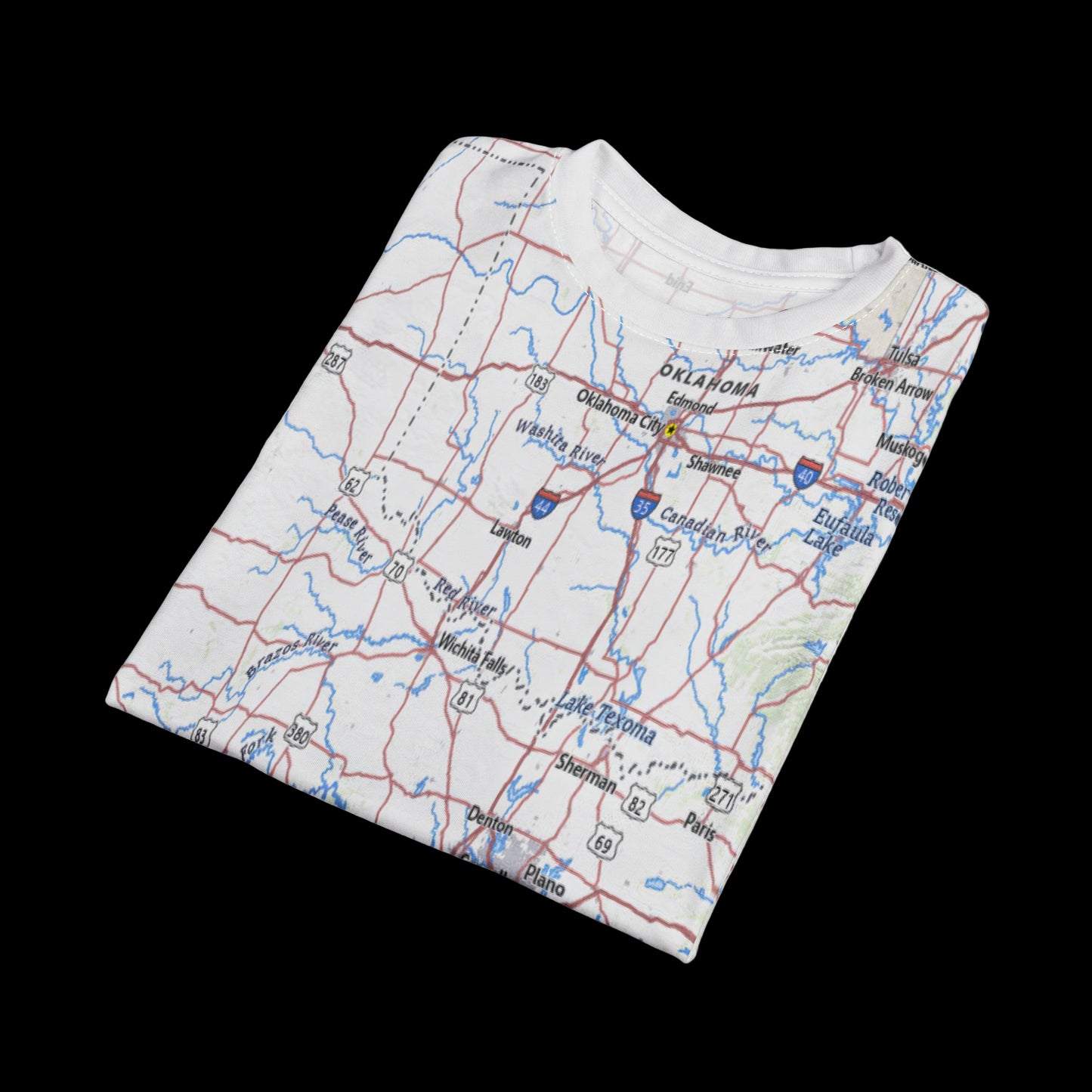 Folded fabric with a map design on a white background
