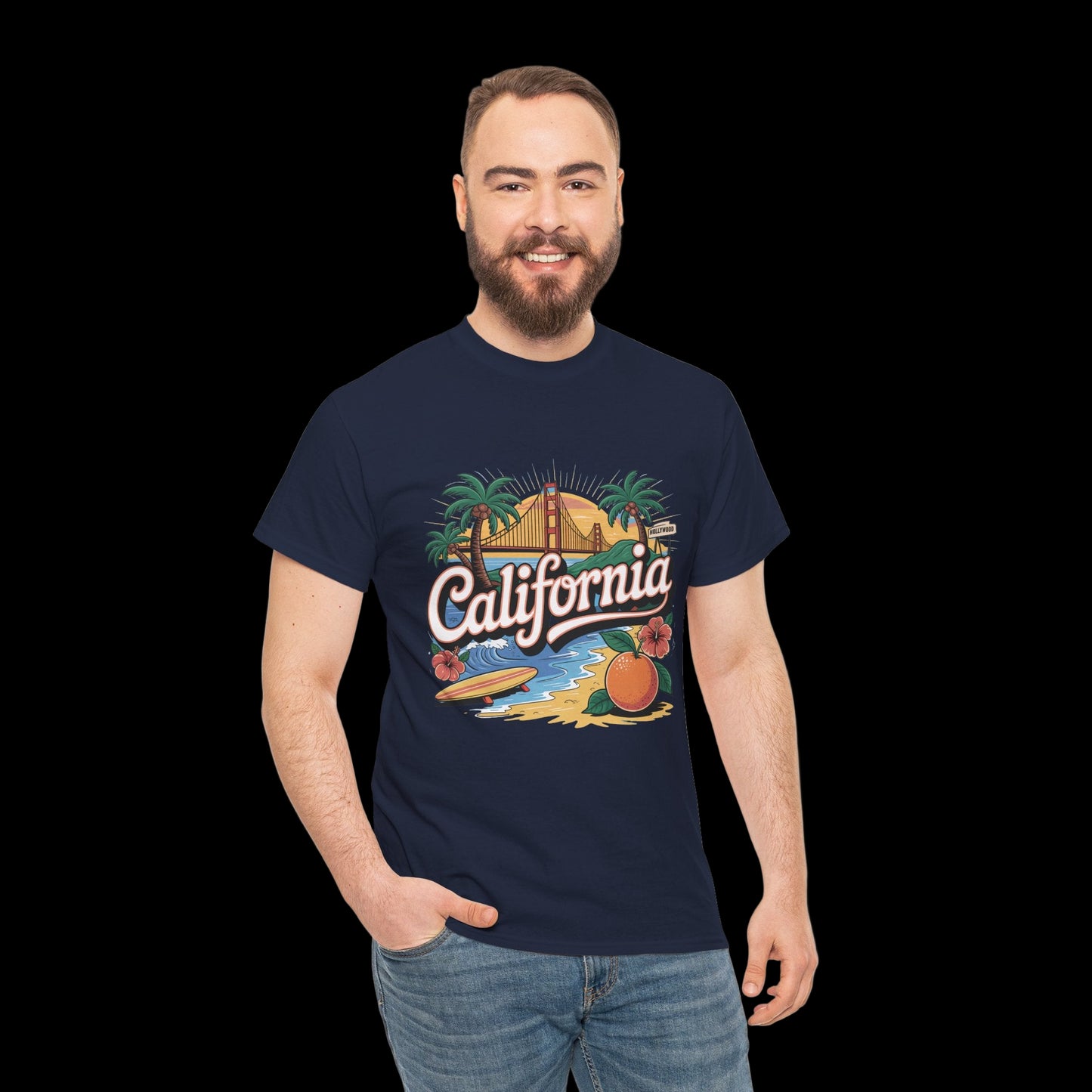 Man wearing a navy blue t-shirt with 'California' graphic design on a white background