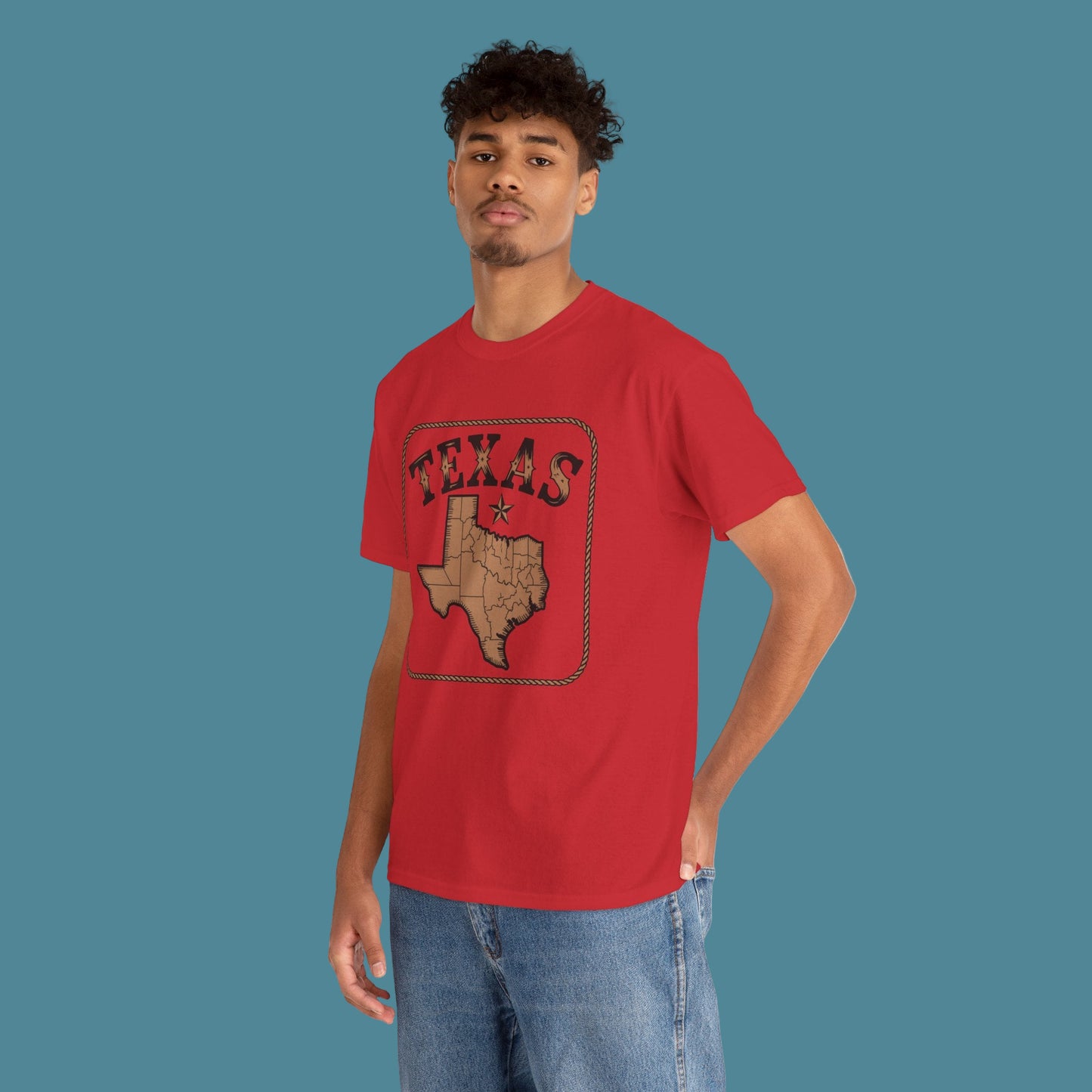 Man wearing a red t-shirt with 'Texas' design on a white background