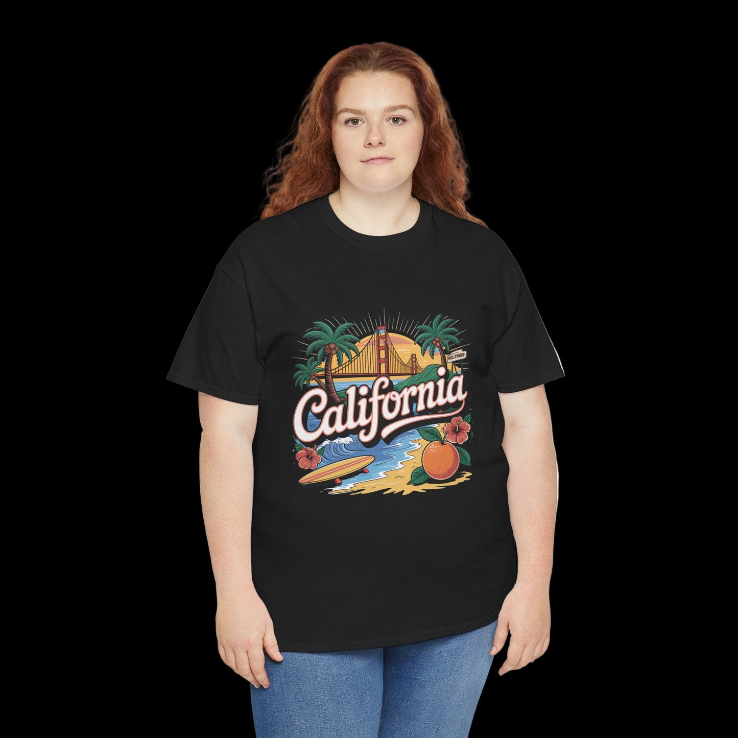 Person wearing a black t-shirt with a 'California' graphic design on a white background