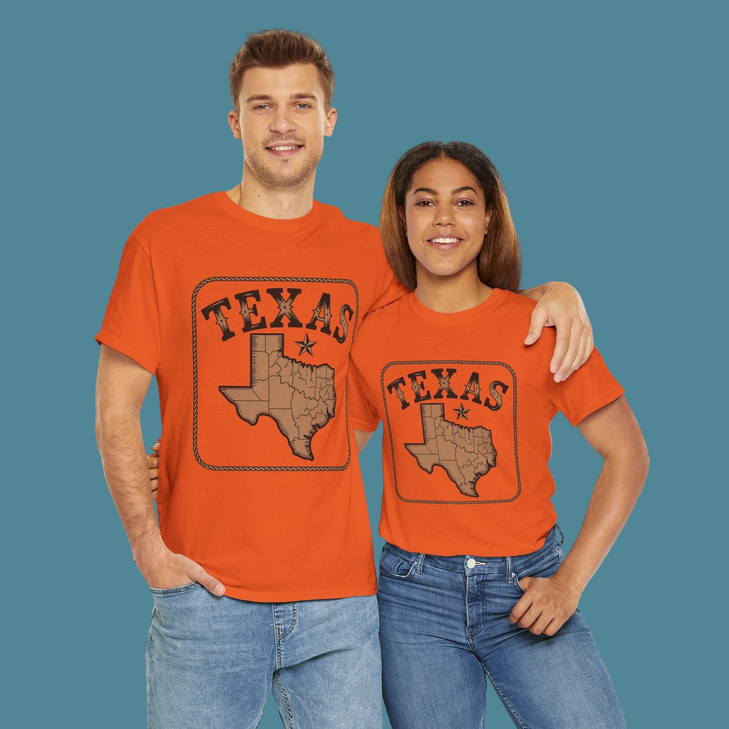 Two people wearing orange 'TEXAS' t-shirts with a map design on a white background