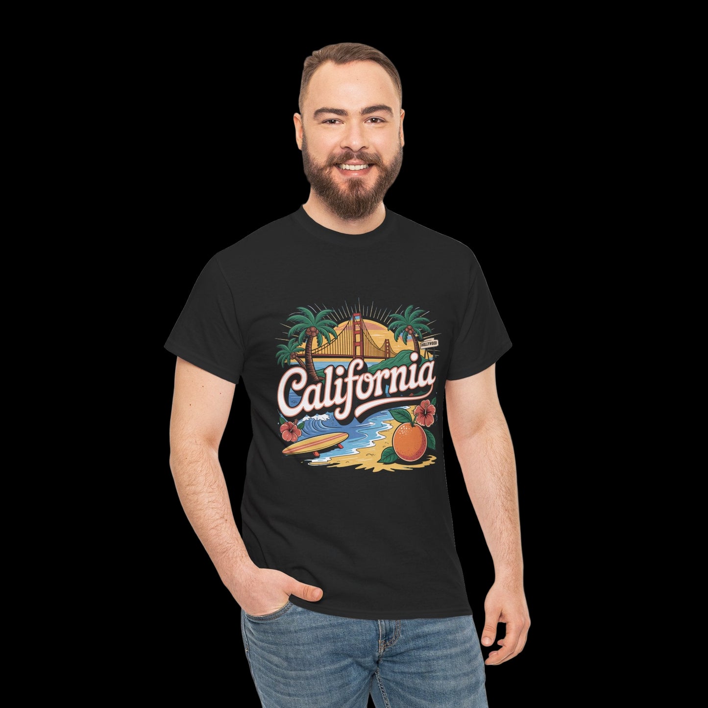Man wearing a black t-shirt with 'California' design on a white background