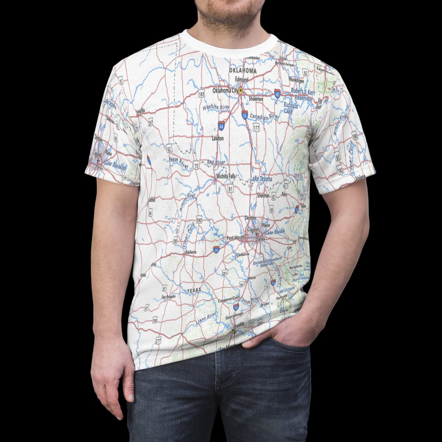 Person wearing a t-shirt with a map design on a white background