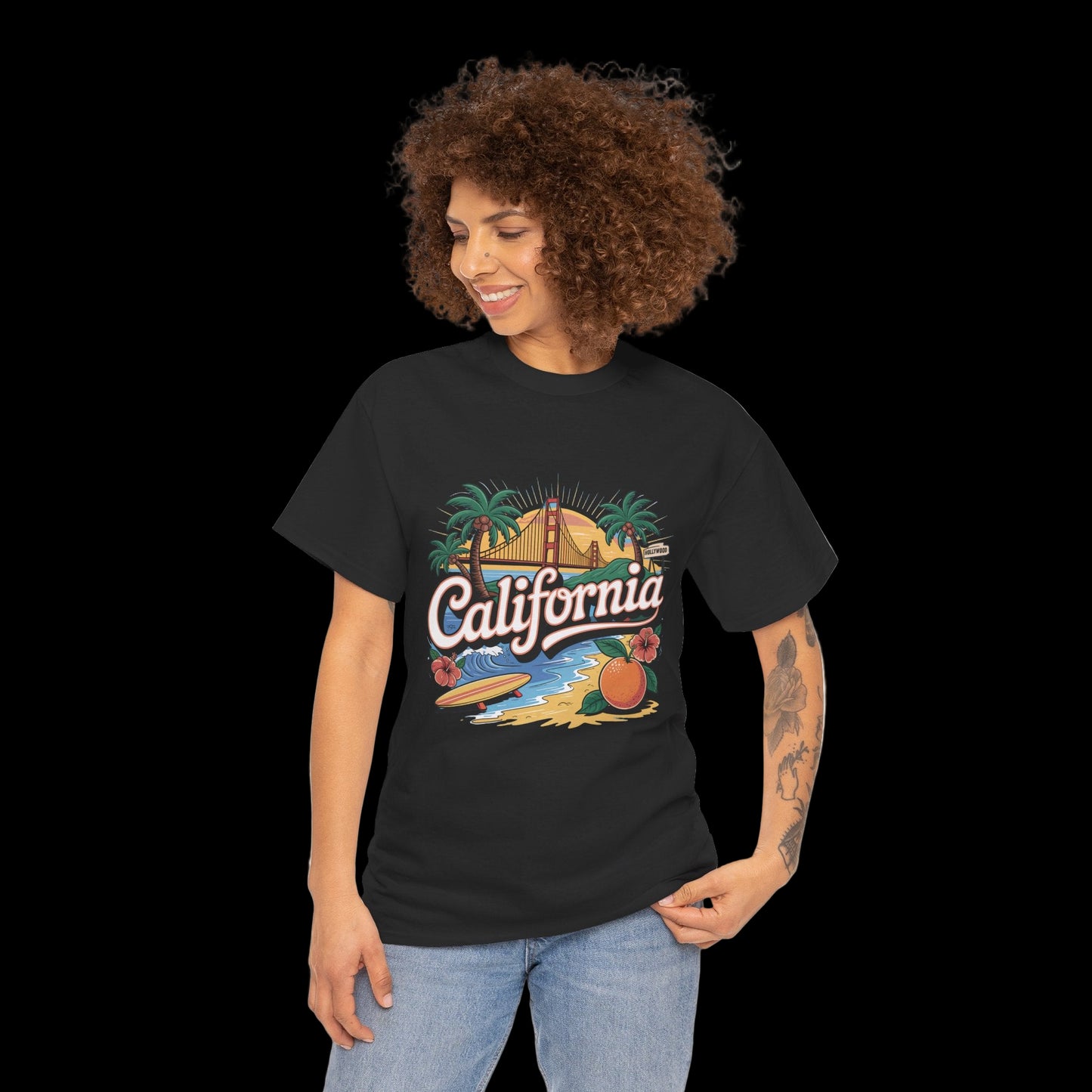 Woman wearing a black t-shirt with 'California' design on a white background