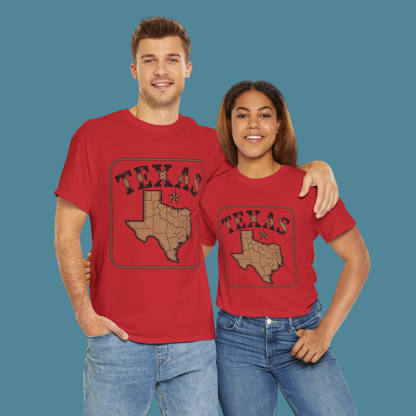Two people wearing red 'TEXAS' t-shirts with a map design on a white background