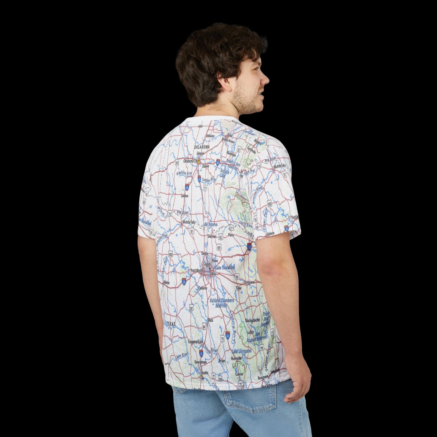 Man wearing a map-patterned shirt on a white background