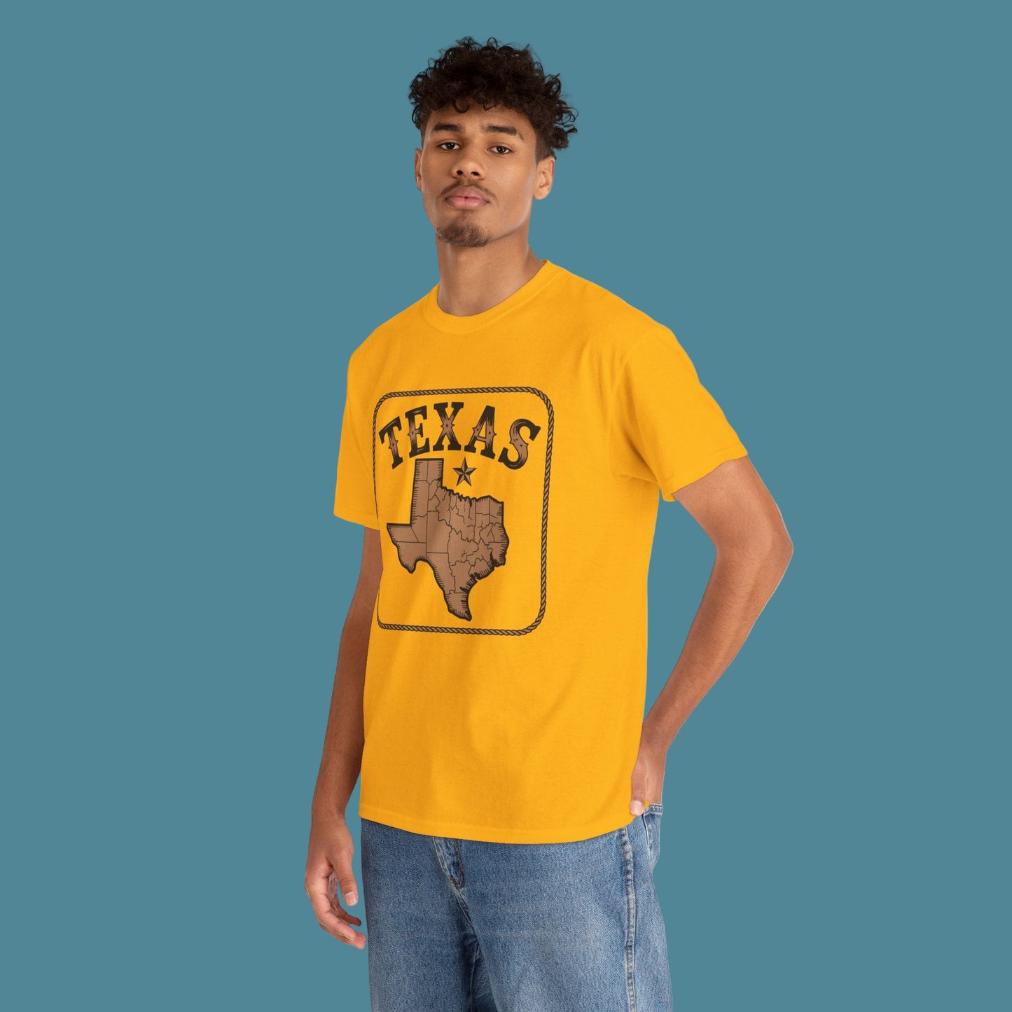 Man wearing a yellow t-shirt with 'Texas' and a map design on a white background