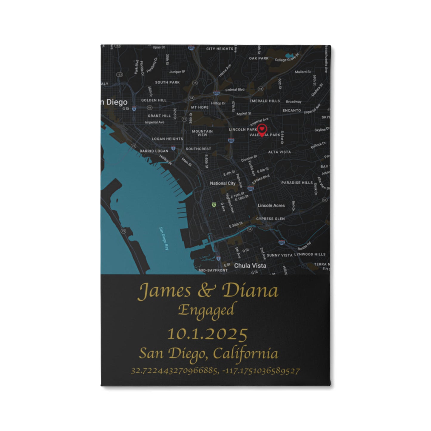 Personalized Engagement Map Canvas Wrap – Custom Couple's Location Art