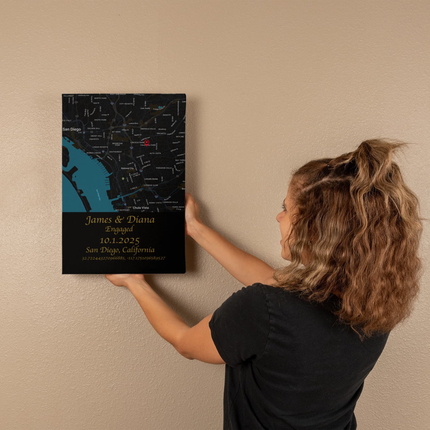 Personalized Engagement Map Canvas Wrap – Custom Couple's Location Art