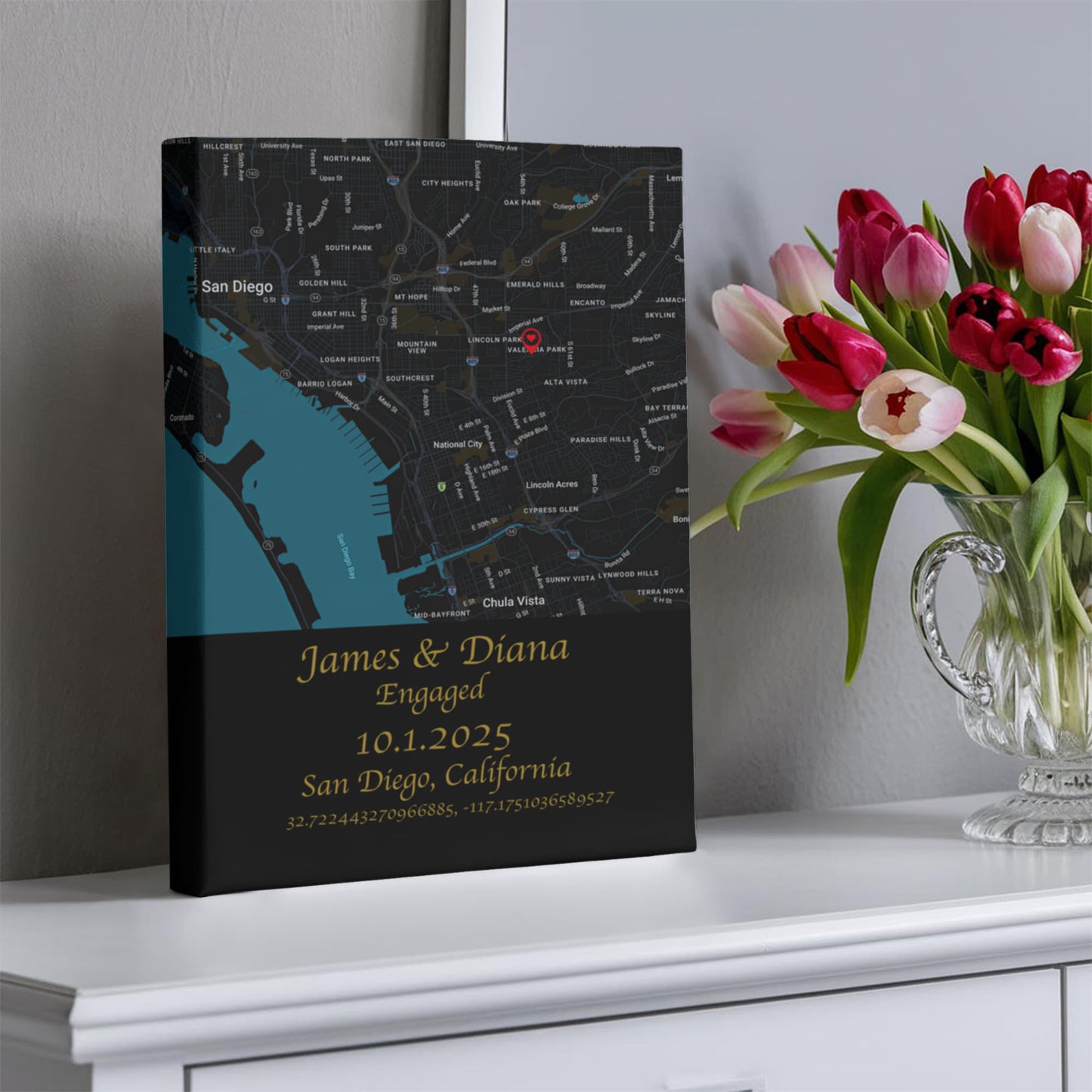 Personalized Engagement Map Canvas Wrap – Custom Couple's Location Art