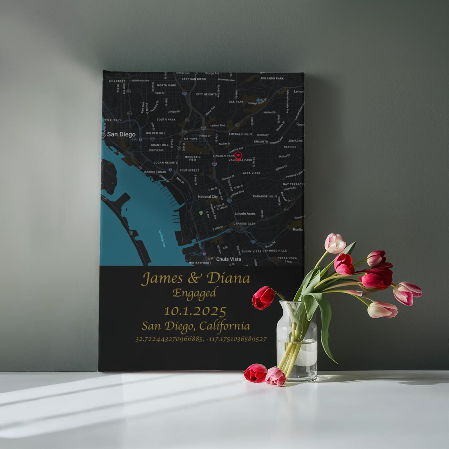 Personalized Engagement Map Canvas Wrap – Custom Couple's Location Art