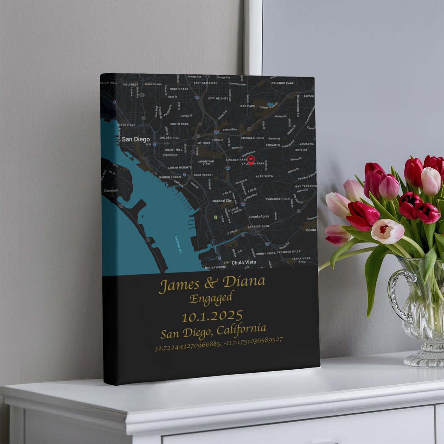 Personalized Engagement Map Canvas Wrap – Custom Couple's Location Art