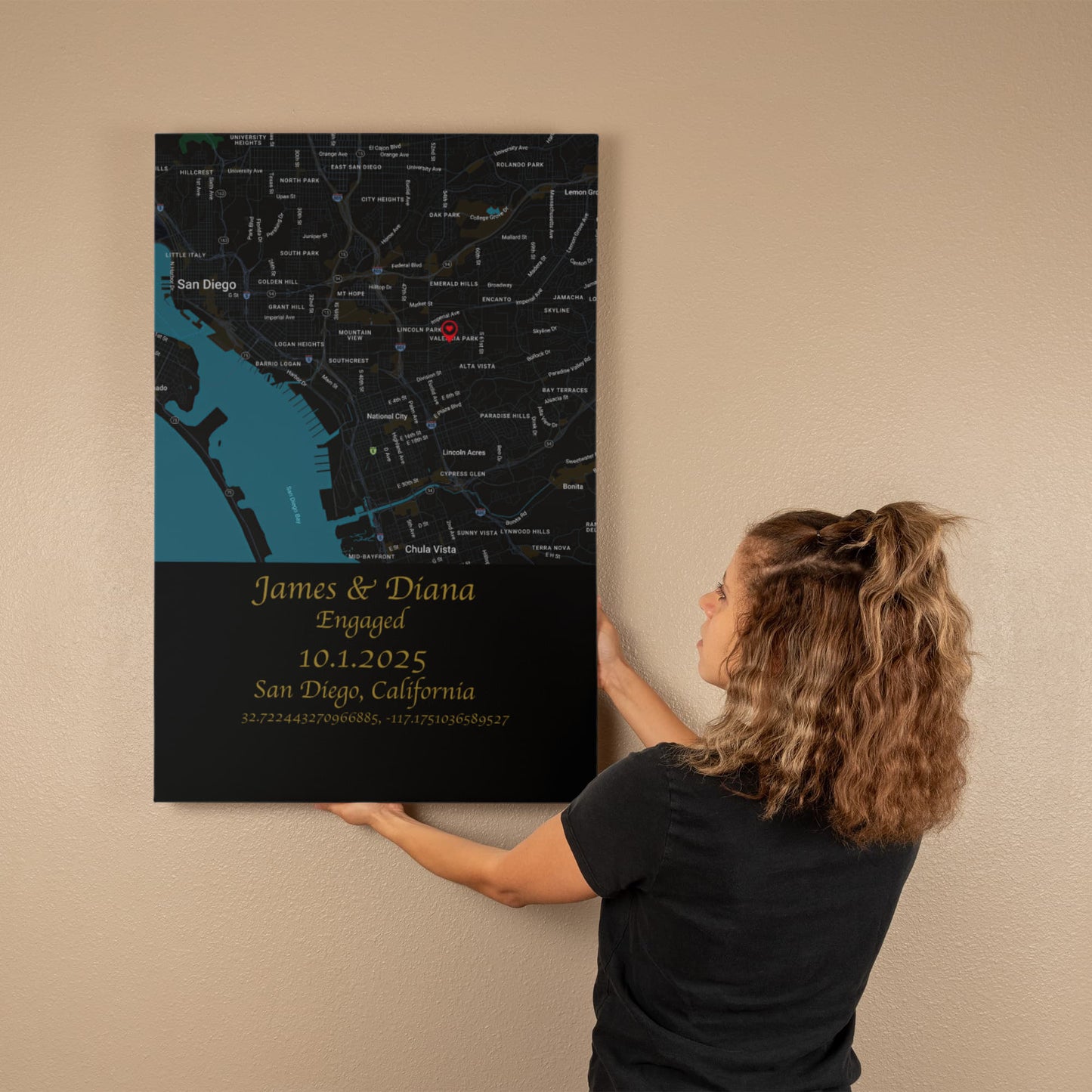 Personalized Engagement Map Canvas Wrap – Custom Couple's Location Art