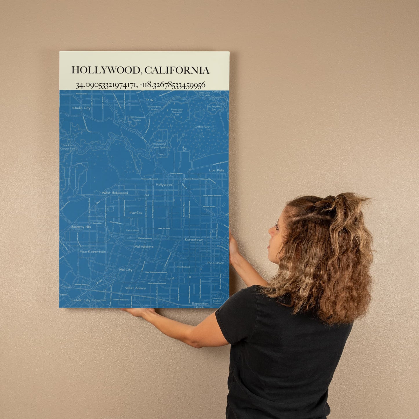 Hollywood Map Canvas Art – City Street and Landmark Wall Decor