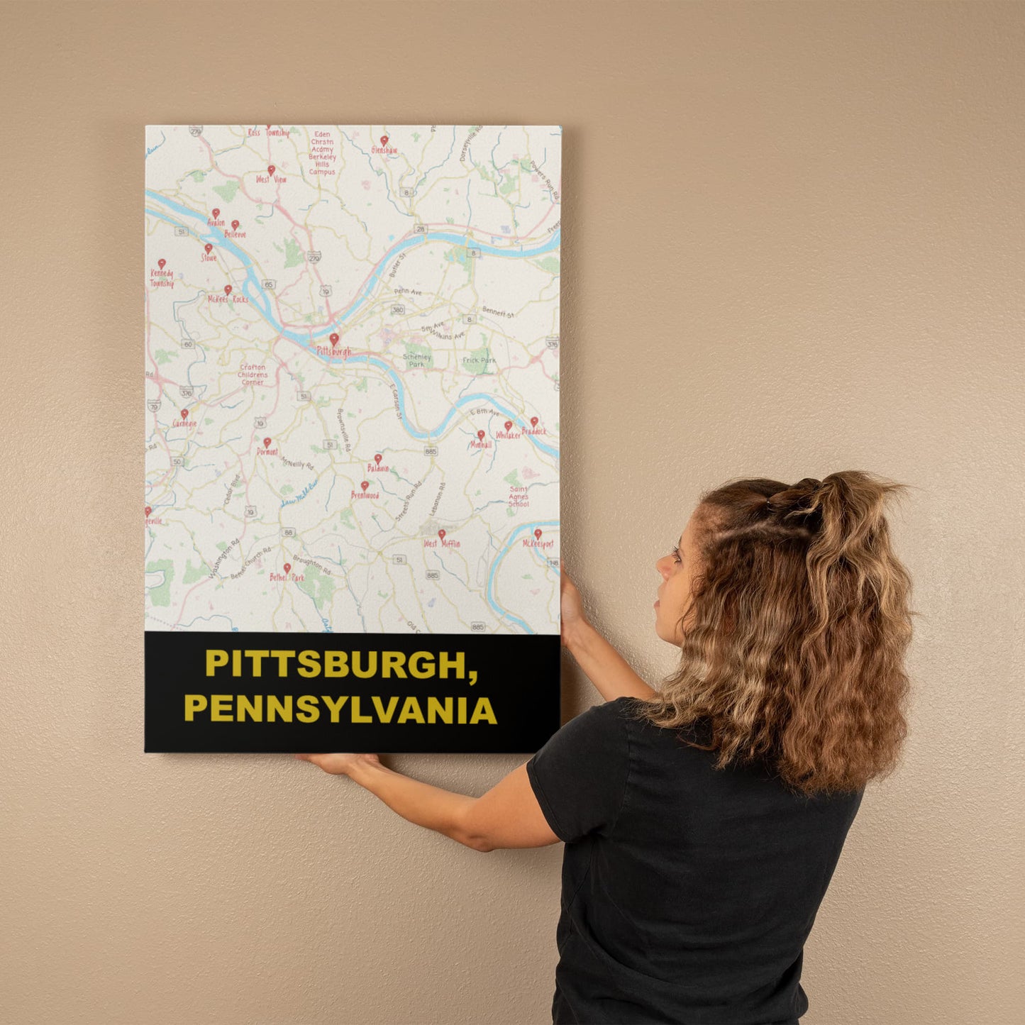 Pittsburgh PA Colored Pencil Map Canvas Wall Art