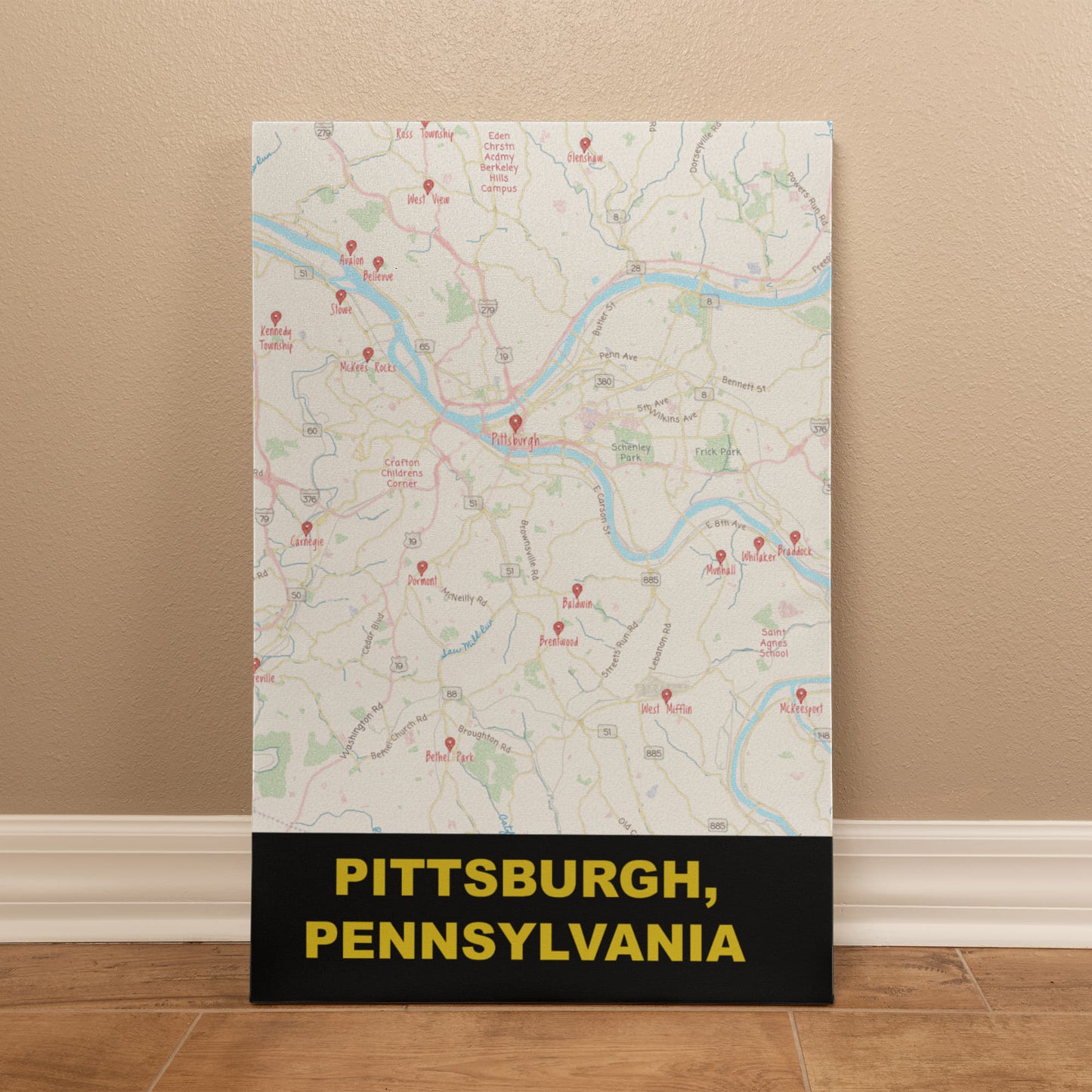 Pittsburgh PA Colored Pencil Map Canvas Wall Art