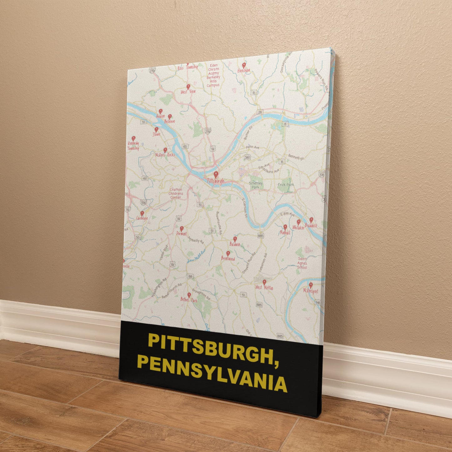Pittsburgh PA Colored Pencil Map Canvas Wall Art