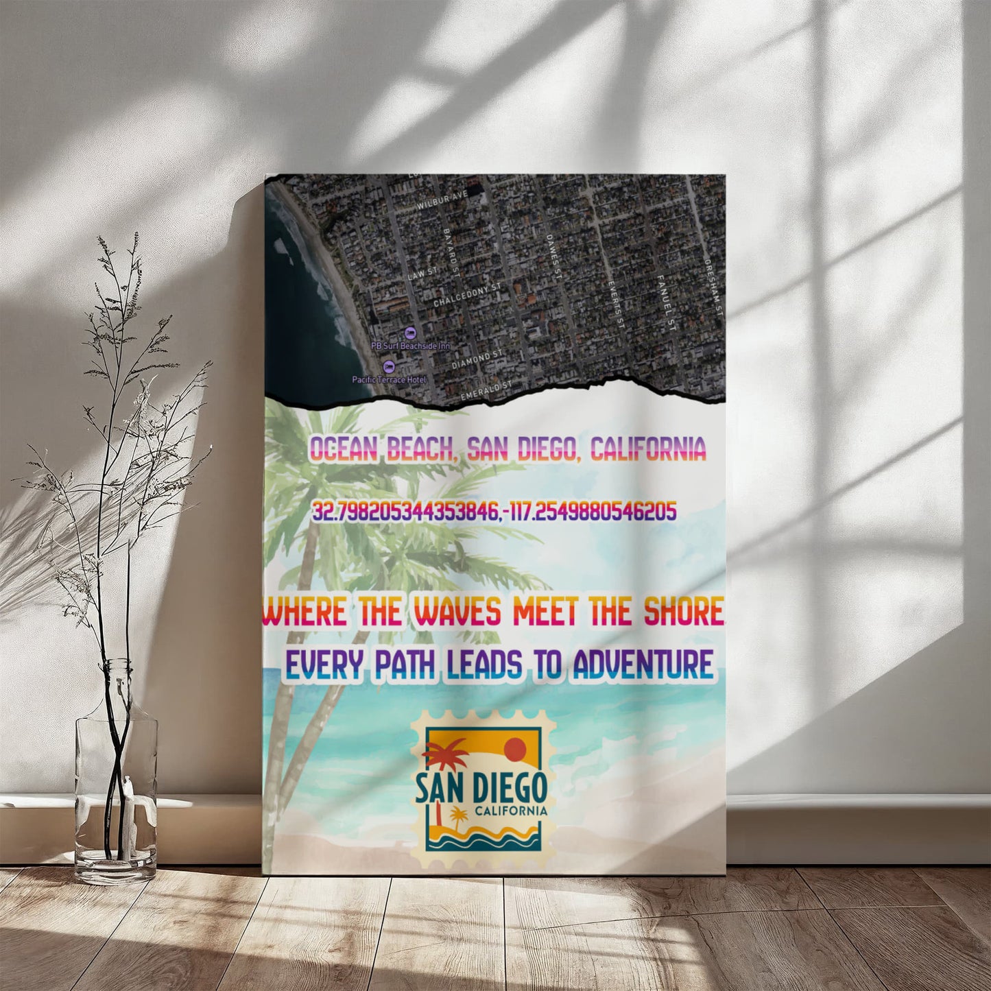 Pacific Beach San Diego Map Canvas Wall Art – Coastal Décor