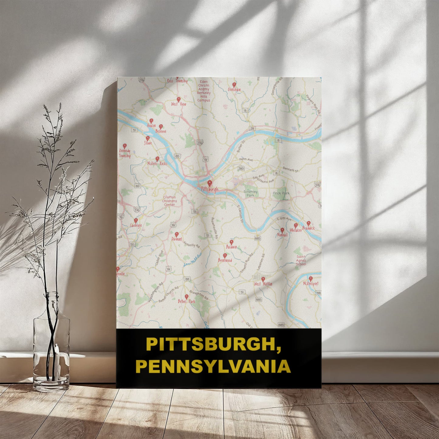 Pittsburgh PA Colored Pencil Map Canvas Wall Art