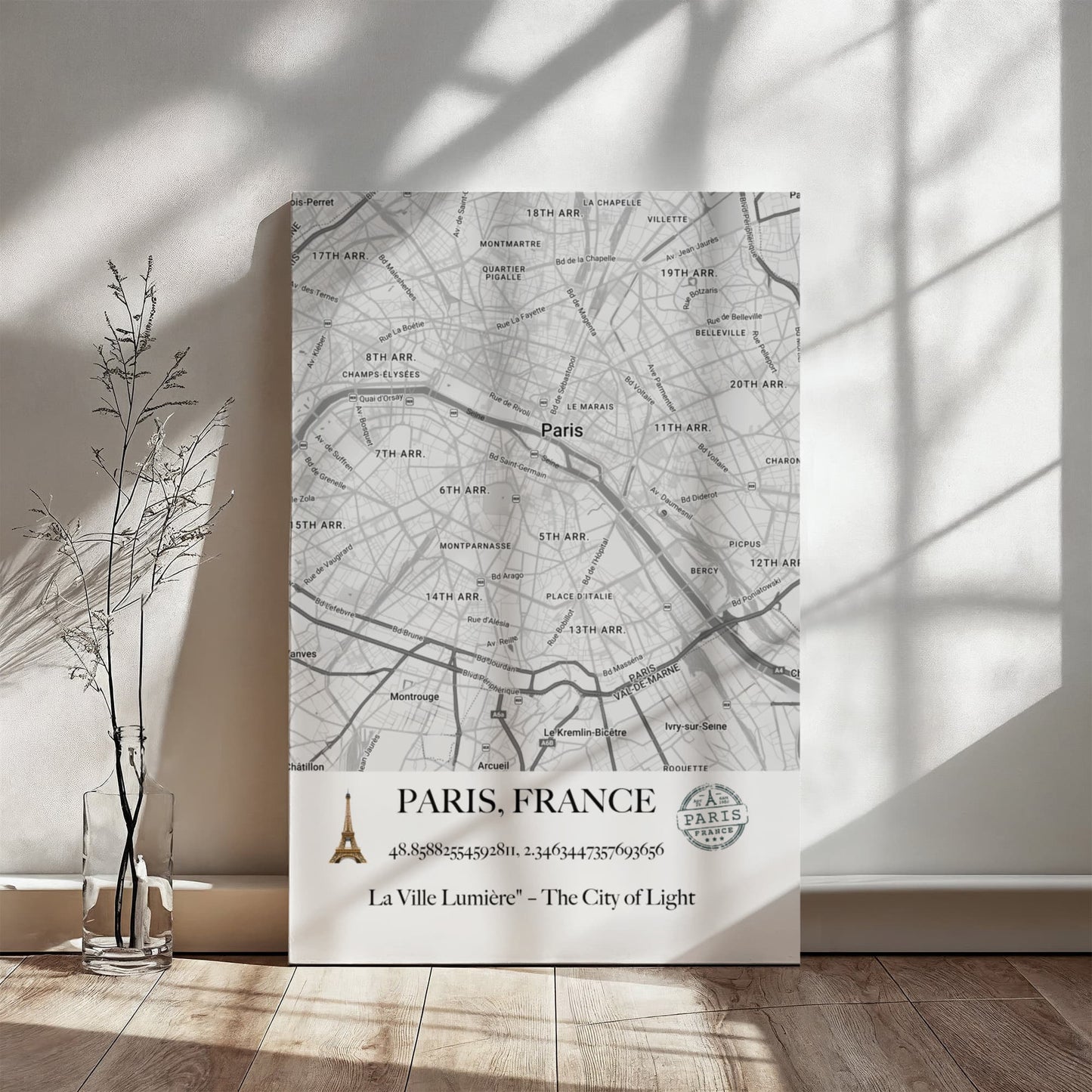 Paris, France Map Wall Art – Elegant City of Light Poster with Coordinates & Street Details