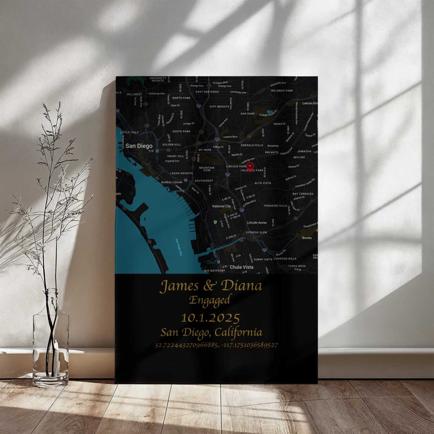 Personalized Engagement Map Canvas Wrap – Custom Couple's Location Art