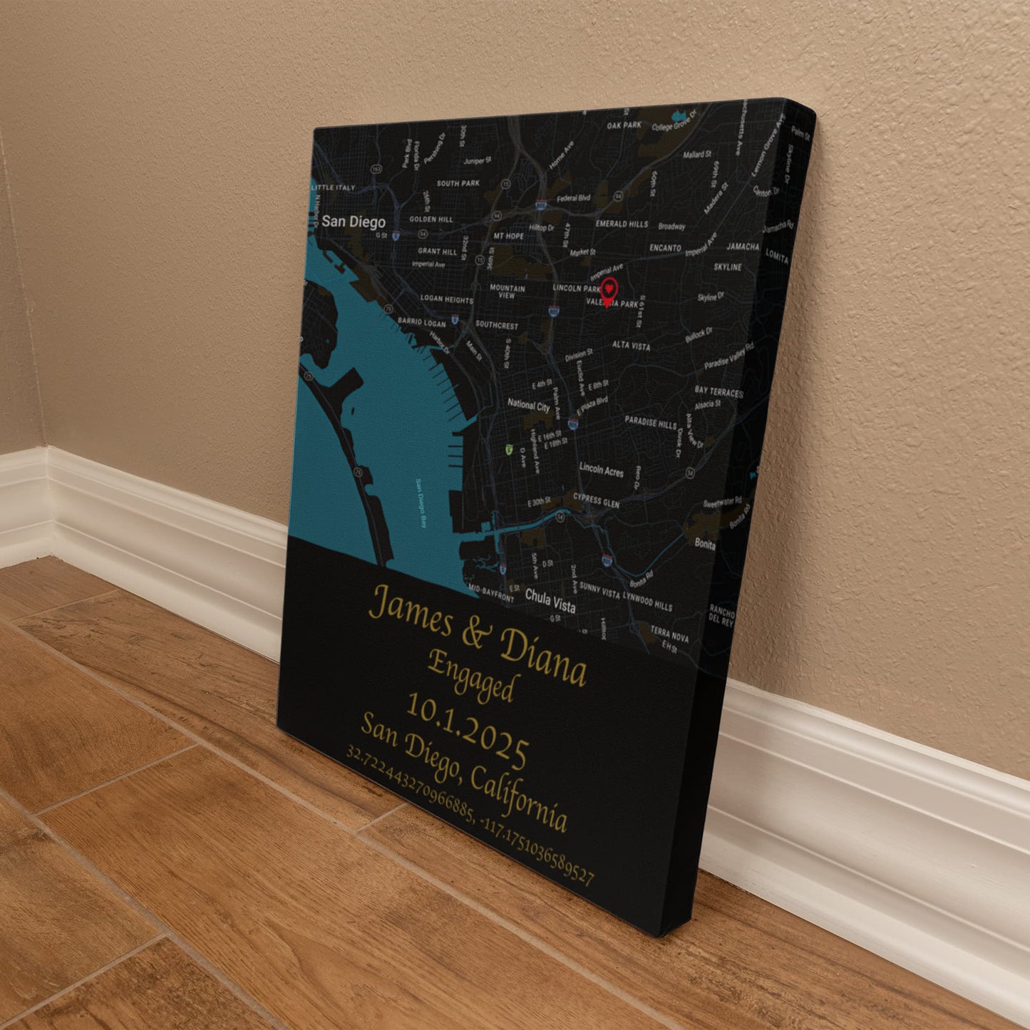 Personalized Engagement Map Canvas Wrap – Custom Couple's Location Art
