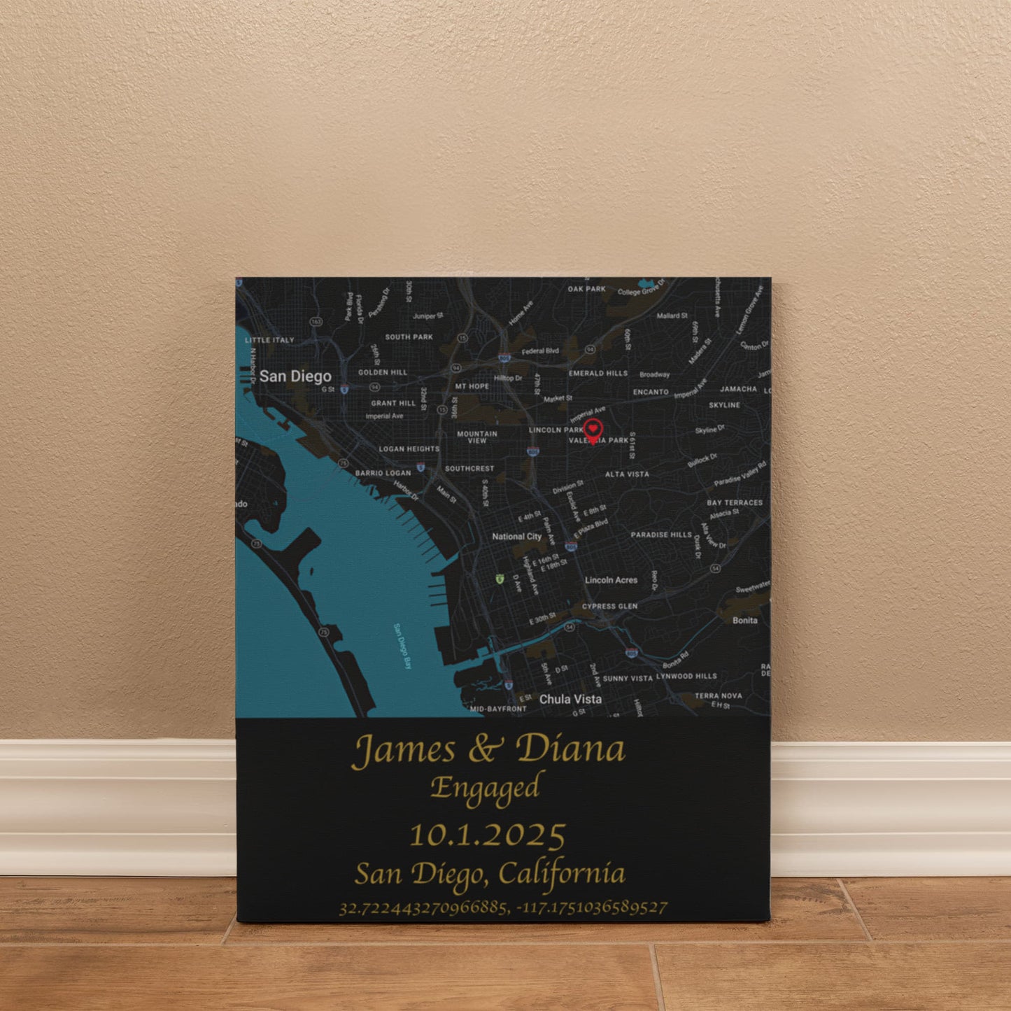 Personalized Engagement Map Canvas Wrap – Custom Couple's Location Art