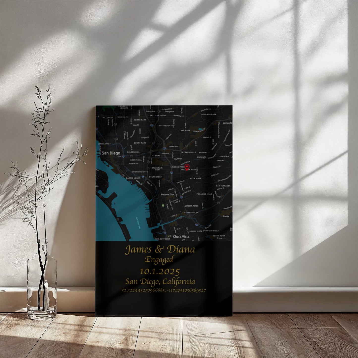 Personalized Engagement Map Canvas Wrap – Custom Couple's Location Art