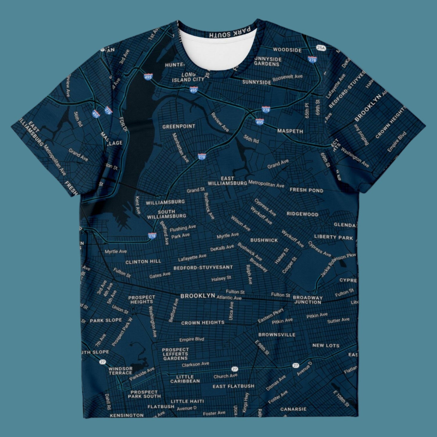 Navy blue t-shirt with white text pattern on a white background