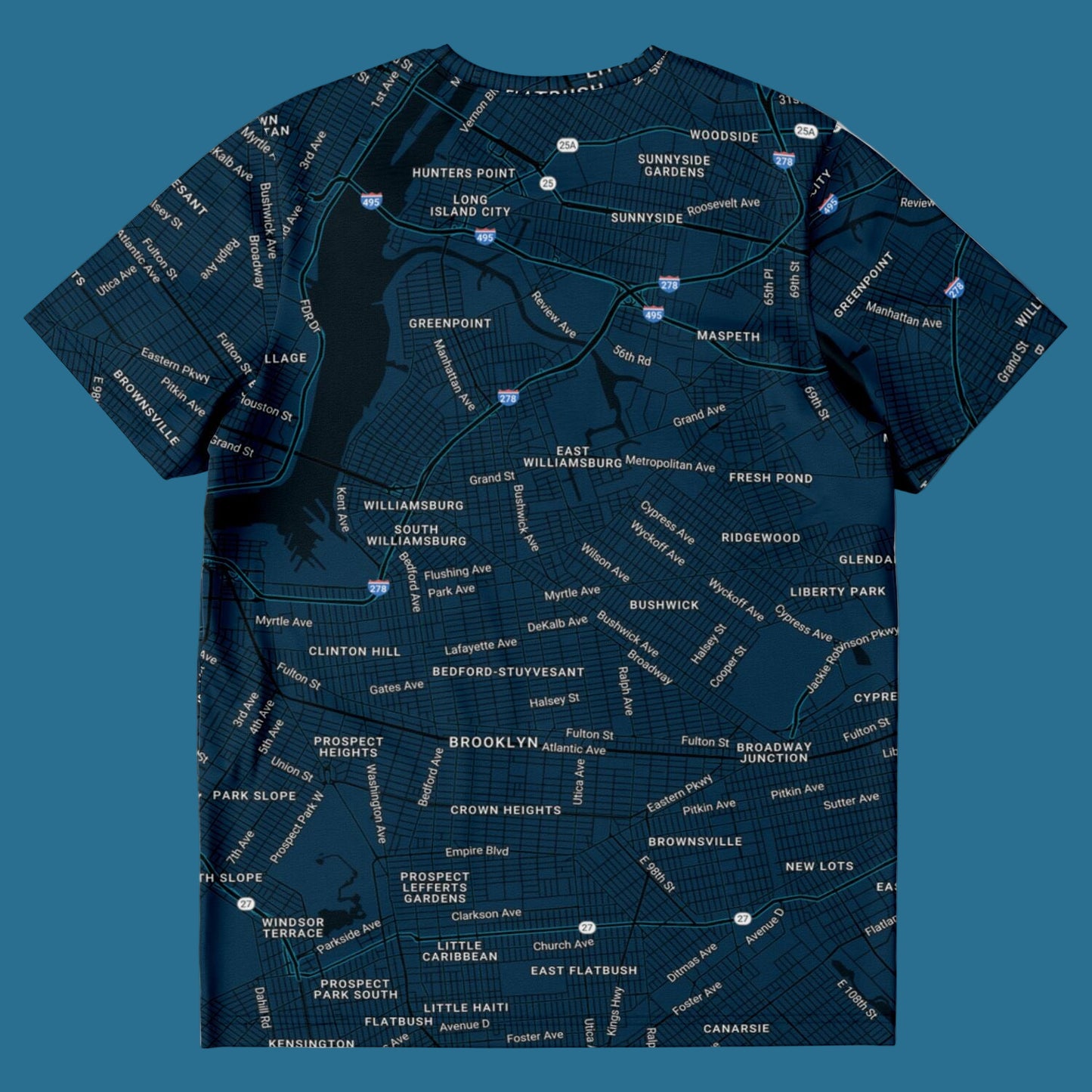 Stack of blue t-shirts with white text pattern on a white background