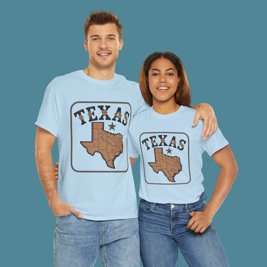 Two people wearing light blue 'TEXAS' t-shirts with a map design on a white background