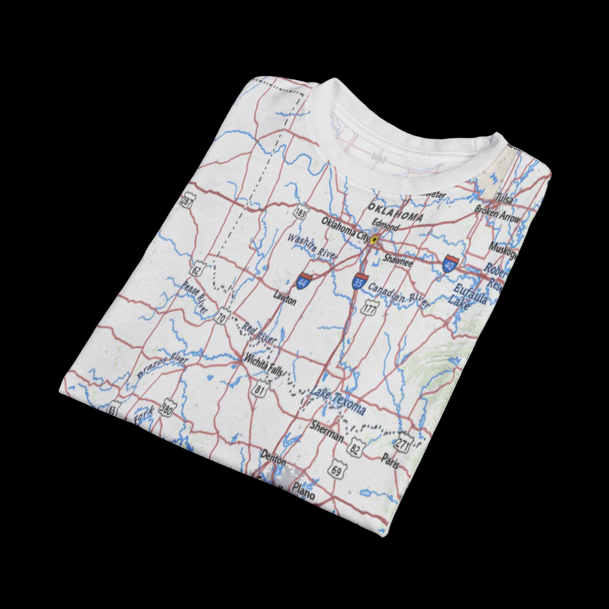 Folded fabric with a map design on a white background