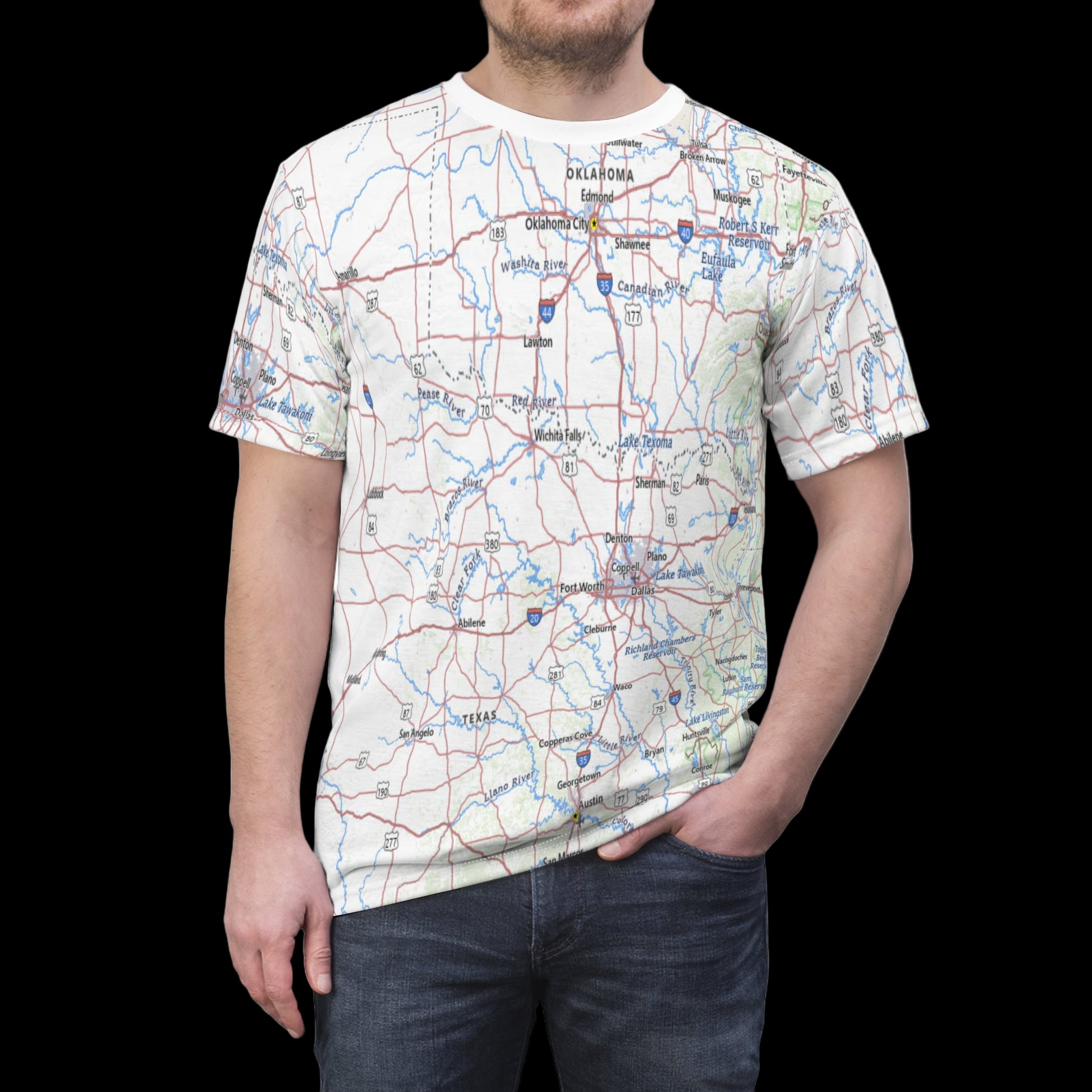 Person wearing a t-shirt with a map design on a white background