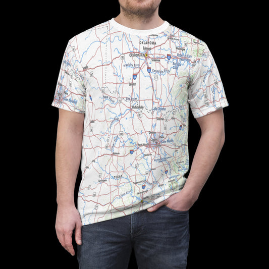 Person wearing a t-shirt with a map design on a white background