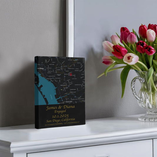 Personalized Engagement Map Canvas Wrap – Custom Couple's Location Art