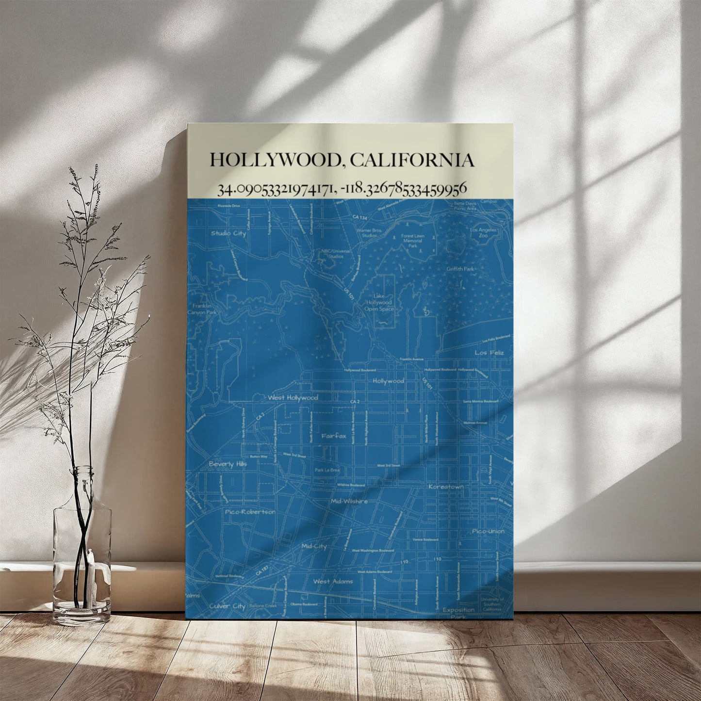 Hollywood Map Canvas Art – City Street and Landmark Wall Decor